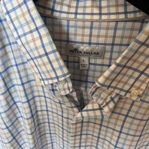 Peter Millar Casual Blue and Tan Plaid Shirt